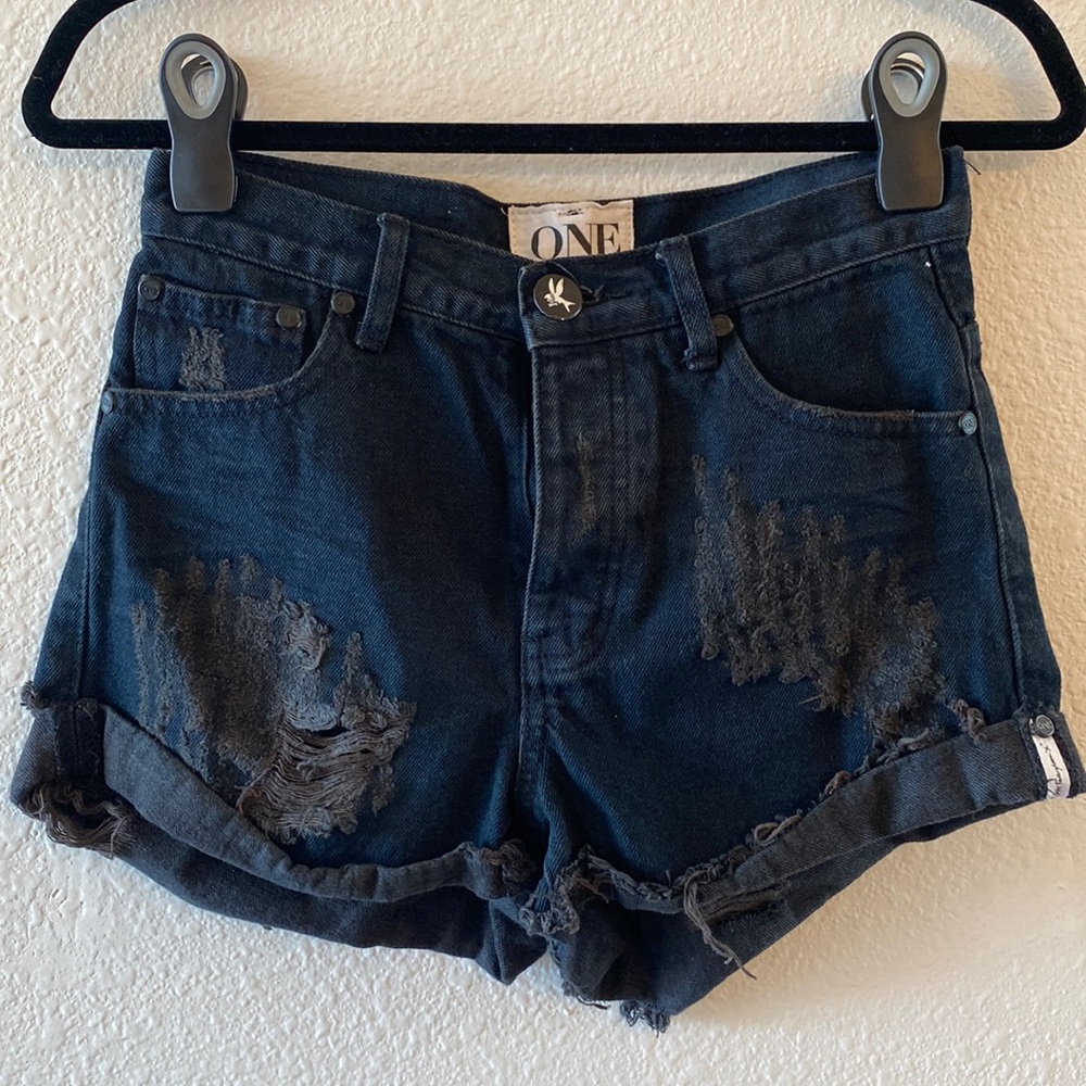 One Teaspoon Hawks High Rise Distressed Denim Shorts in Black